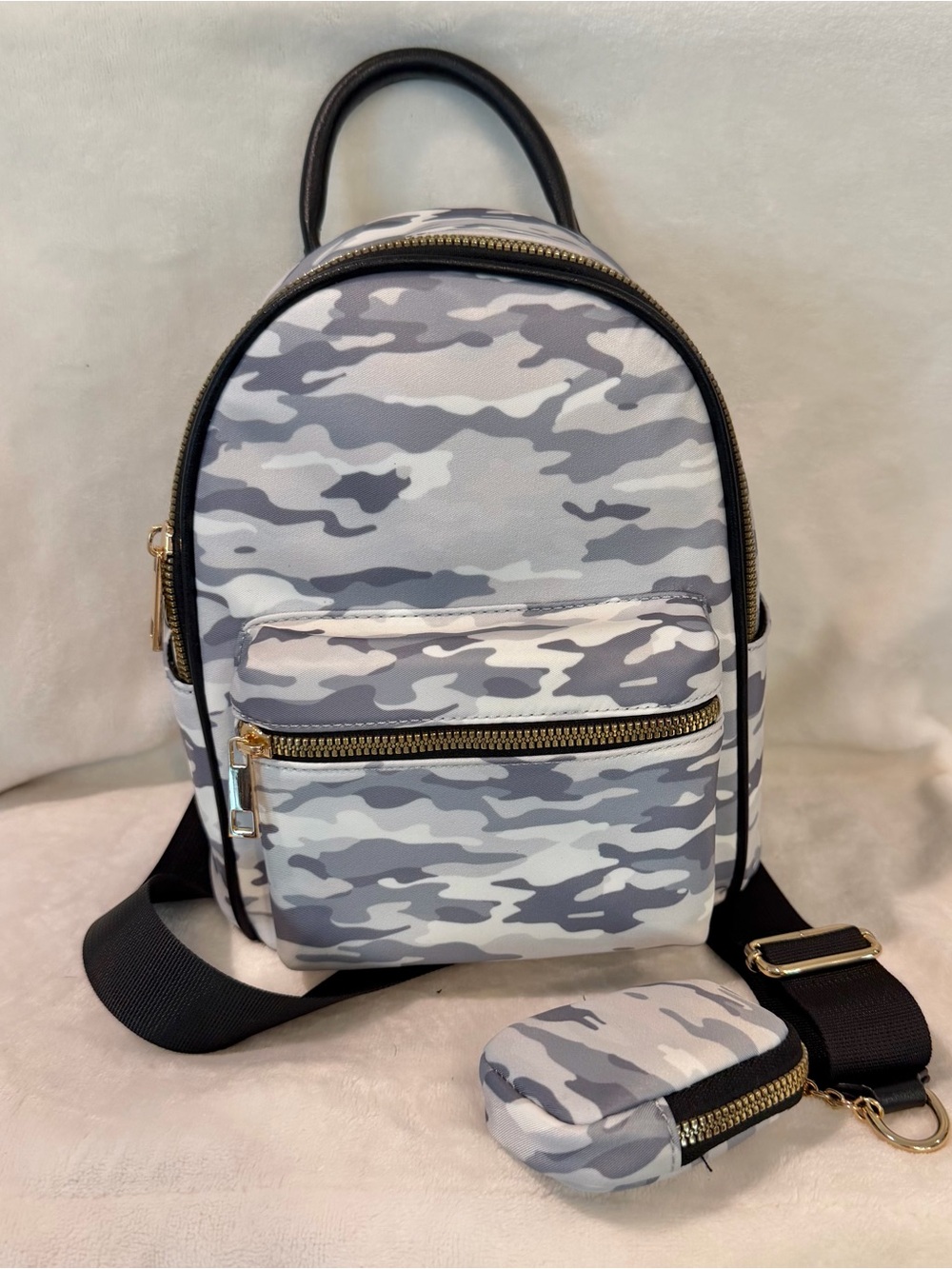Gray Camo Mini Backpack Convertable Handbag, Adjustable Straps & Gold Hardware